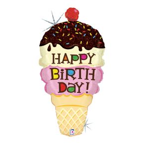 BALÃO METALIZADO BIRTHDAY ICE CREAM CONE HOLOG. 33" GRABO